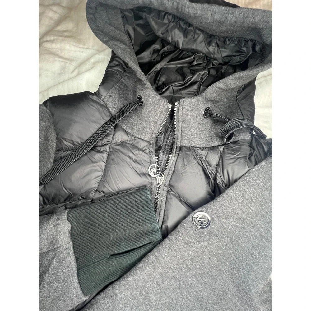 Michael Kors Womens Hybrid Puffer Jacket Black Gray Hooded‎ Thumbholes Large